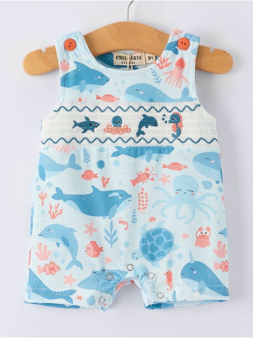 Rylee Faith Marine Animal Smocking Embroidered Baby’s Boys Romper